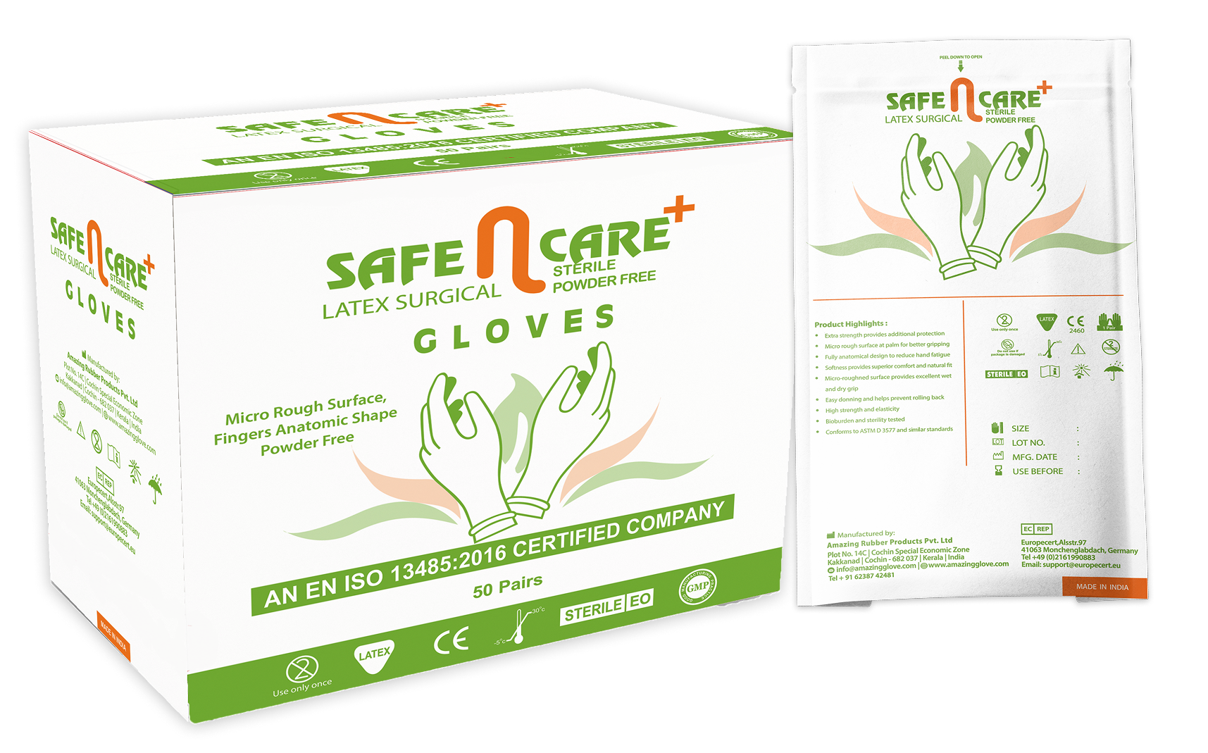 Safe N Care+ Latex Surgical Sterile Powder-Free Gloves